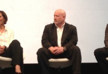 Anaplan CEO Fred Laluyaux, left, leads customer panel with HP’s Sue Barsamian, McAfee’s Jeff Brobst, Diageo’s Stefan Househam, and Aviva’s Darren Craddock