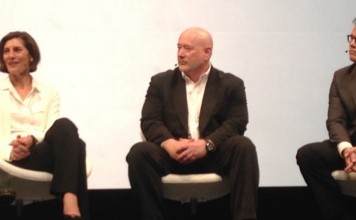 Anaplan CEO Fred Laluyaux, left, leads customer panel with HP’s Sue Barsamian, McAfee’s Jeff Brobst, Diageo’s Stefan Househam, and Aviva’s Darren Craddock
