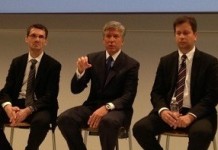 SAP CEO Bill McDermott is flanked by Bernd Leukert (L), its product chief, and Luka Mucic, who runs finance, at SAPPHIRENOW