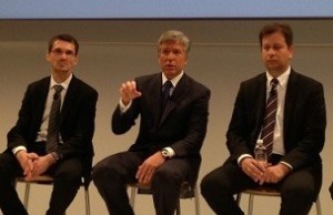 SAP CEO Bill McDermott is flanked by Bernd Leukert (L), its product chief, and Luka Mucic, who runs finance, at SAPPHIRENOW