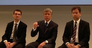 SAP CEO Bill McDermott is flanked by Bernd Leukert (L), its product chief, and Luka Mucic, who runs finance, at SAPPHIRENOW