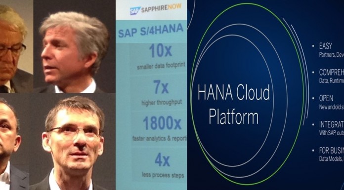SAP executives chairman Plattner(clockwise top left), CEO McDermott, Product Head Leukert and Business Network Chief Singh detail different traits of S/4HANA, HANA Cloud Platform