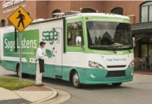 John Elliot, owner of Davidson Chocolate Co. in Davidson, N.C., and a Sage customer, meets Sage bus.