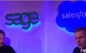 Salesforce.com’s Mark Benioff(left) and Sage’s Stephen Kelly in global Cloud partnership