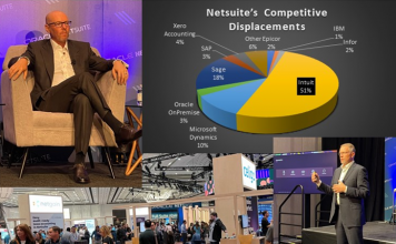 As NetSuite displaces ERP rivals, EVP Evan Goldberg(top left) goes full suite ahead with SVP Gary Wiessinger(lower right) detailing his product plans at SuiteWorld