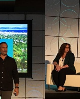 At Vision 2019, CEO Mike Morini (left to right), Meghan Rees of MLSE and Shilpi Narang of Workplace by Facebook