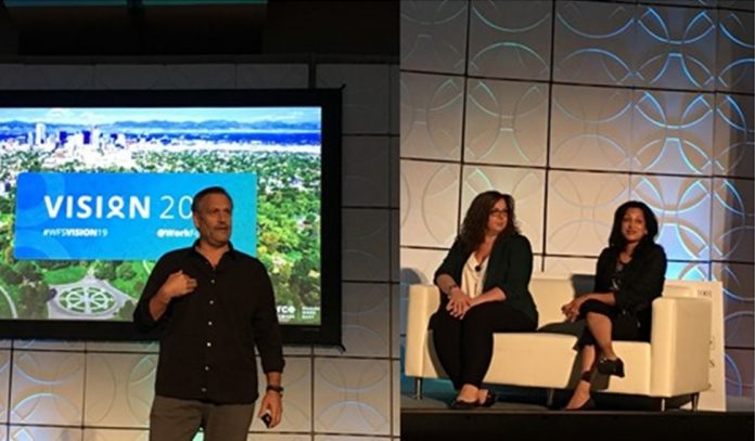 At Vision 2019, CEO Mike Morini (left to right), Meghan Rees of MLSE and Shilpi Narang of Workplace by Facebook