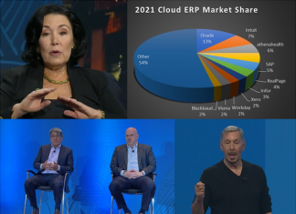 Clockwise from top left, CEO Safra Catz, Co-Founder Larry Ellison, EVP GBU Mike Sicilia and EVP Apps Steve Miranda outline multi-cloud push at Oracle CloudWorld