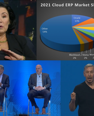 Clockwise from top left, CEO Safra Catz, Co-Founder Larry Ellison, EVP GBU Mike Sicilia and EVP Apps Steve Miranda outline multi-cloud push at Oracle CloudWorld