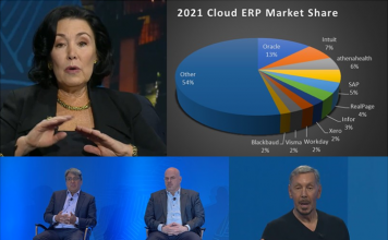 Clockwise from top left, CEO Safra Catz, Co-Founder Larry Ellison, EVP GBU Mike Sicilia and EVP Apps Steve Miranda outline multi-cloud push at Oracle CloudWorld