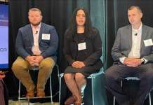 Epicor in Boston with CEO Steve Murphy, left to right, customers Nicholas Mueller of Enjet Aero, Tessa Kalarickal of Coghlin, Chris Brackett of CW Hayden and Lisa Pope of Epicor