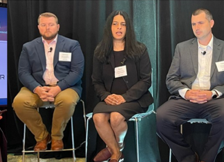 Epicor in Boston with CEO Steve Murphy, left to right, customers Nicholas Mueller of Enjet Aero, Tessa Kalarickal of Coghlin, Chris Brackett of CW Hayden and Lisa Pope of Epicor
