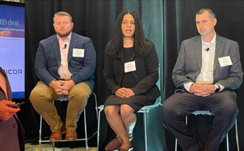 Epicor in Boston with CEO Steve Murphy, left to right, customers Nicholas Mueller of Enjet Aero, Tessa Kalarickal of Coghlin, Chris Brackett of CW Hayden and Lisa Pope of Epicor