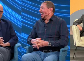 Microsoft CEO Satya Nadella(left), Oracle CTO Larry Ellison(middle) in Redmond, and Oracle CEO Safra Catz at Oracle Cloud World
