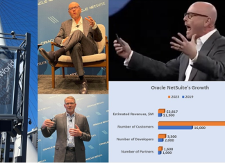 Oracle NetSuite EVP and founder Evan Goldberg (top) cuts software deals and highlights new updates across the suite, while product head Gary Wiessinger outlines AI push at SuiteWorld