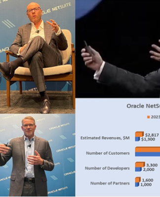 Oracle NetSuite EVP and founder Evan Goldberg (top) cuts software deals and highlights new updates across the suite, while product head Gary Wiessinger outlines AI push at SuiteWorld