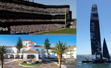 Oracle Aspires To Touch Lives Through Sports, Fan Following Oracle sponsors naming rights to SF Giants stadium, SailGP and renovates San Mateo Marriott(photos by MLB, hotel website and AP)