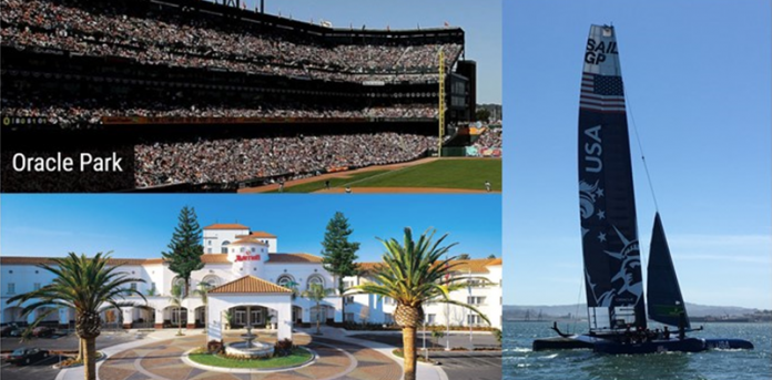 Oracle sponsors naming rights to SF Giants stadium, SailGP and renovates San Mateo Marriott(photos by MLB, hotel website and AP)