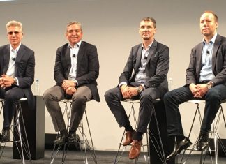 SAP CEO Bill McDermott(left to right), President of Cloud Business Group Rob Enslin, Head of Products and Innovation Bernd Leukert and President of Customer Experience Alex Atzberger at SAPPHIRENow in June 2018