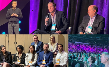 Scenes from UKG Aspire conference (clockwise from top left) – Chief Product & Technology Officer Hugo Sarrazin, CEO Chris Todd and Executive Chair Aron Ain, UKG Life-work Technology Labs startup participants.