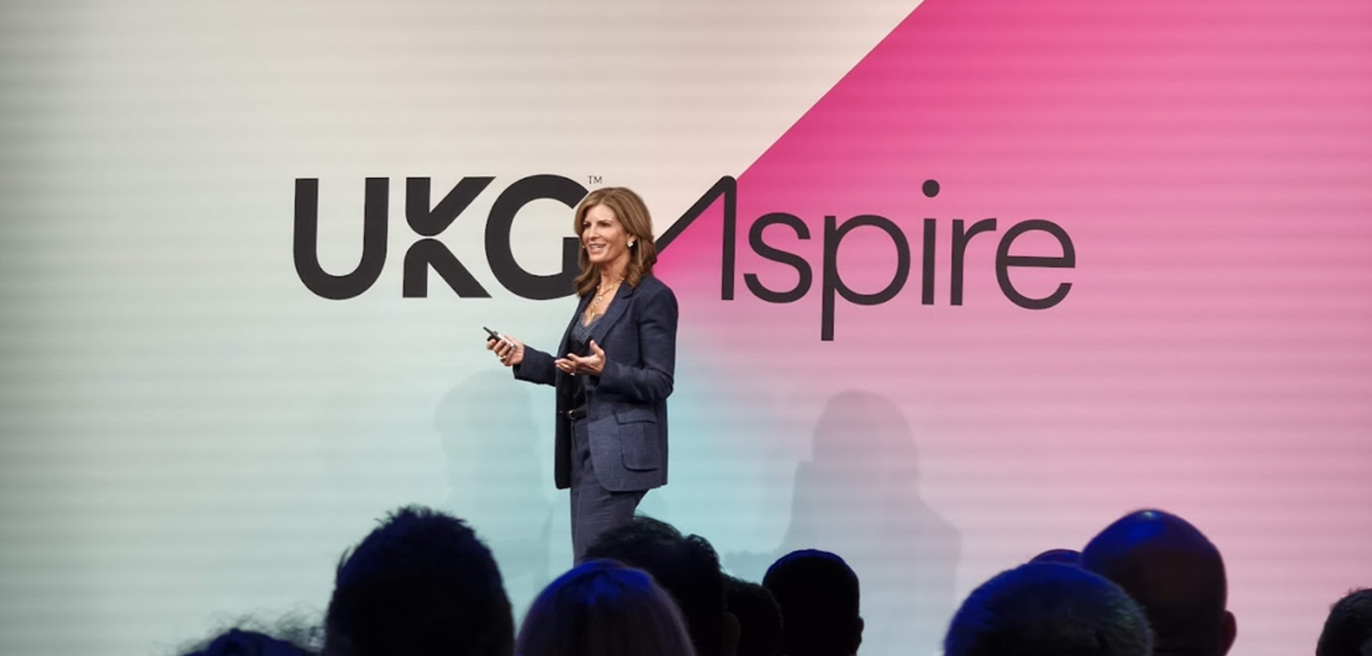 UKG CEO Jennifer Morgan presents the AI-first Workforce Operating System vision at UKG Aspire EMEA in London.